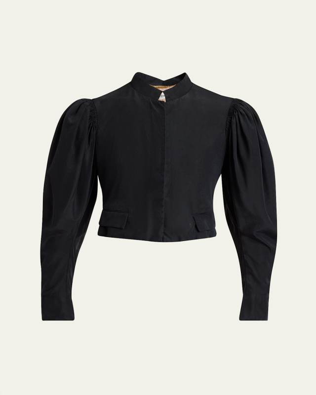 Puff-Sleeve Cropped Silk Jacket